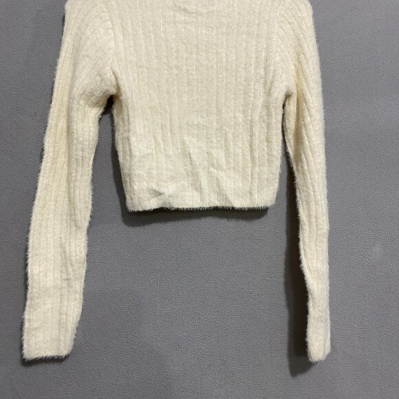 Pink Rose Cream Fuzzy Ribbed Cropped Sweater Sz S Soft Cozy Knit Top - Picture 8 of 8